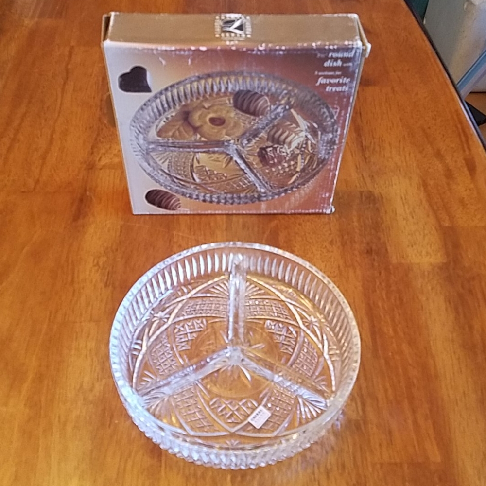 New 3 section Glass Crystal Cut Candy Dish